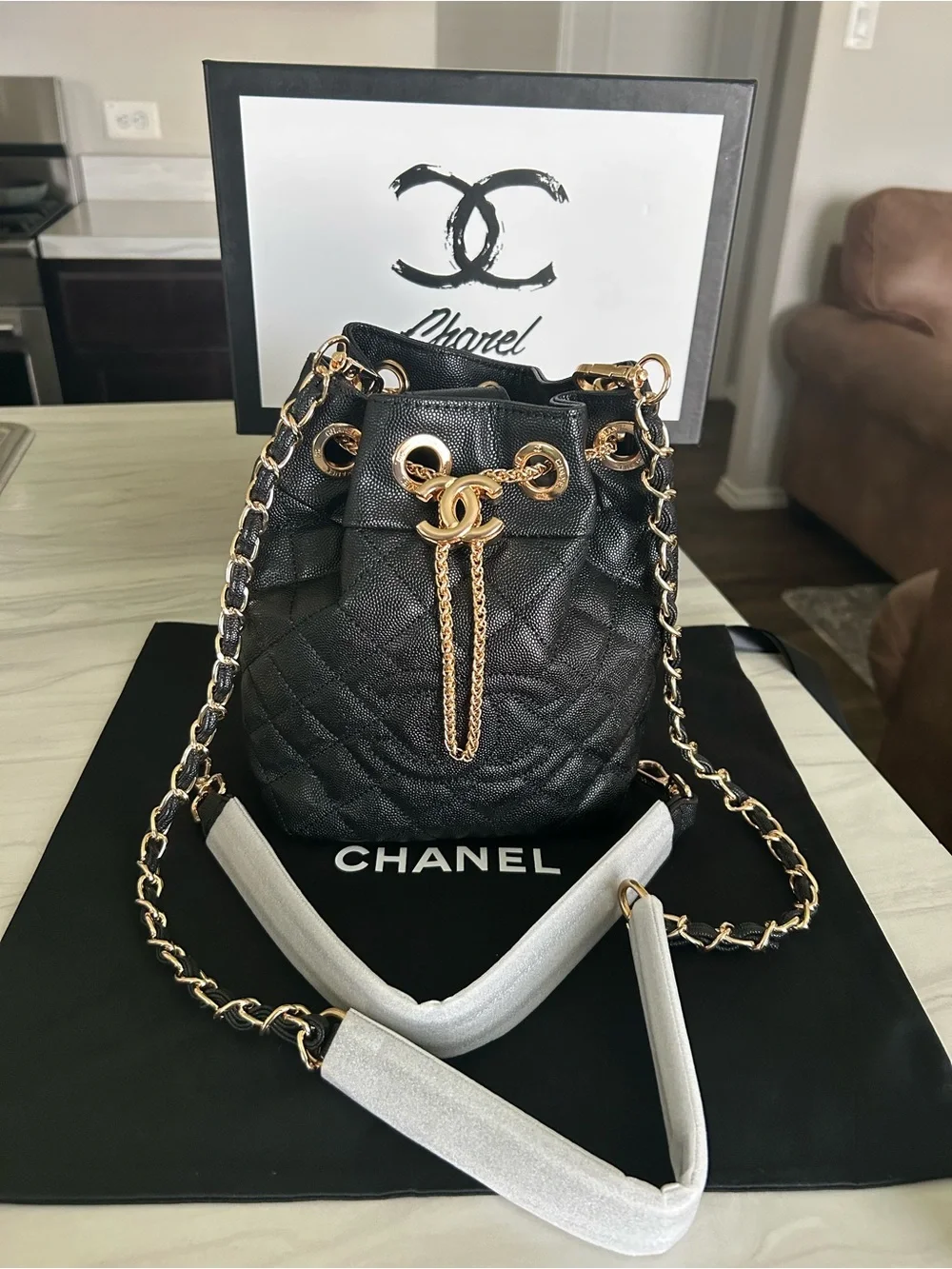 CHANEL Black Quilted Drawstring Bucket Bag with Gold Hardware VIP GWP - Picture 4 of 14